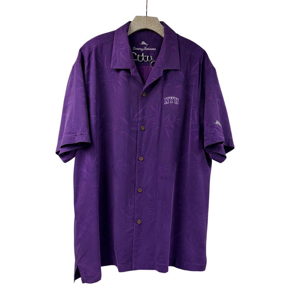 Tommy Bahama 100% Silk Camp Shirt NYU Purple XL Leafy Floral